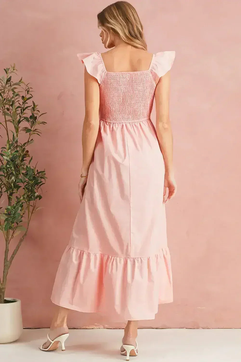 Black V Neck Flutter Sleeve Smocked Bodice High Waist Ruffle Maxi Dress - Femstylo