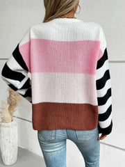 Color Block Round Neck Long Sleeve Sweater - Femstylo