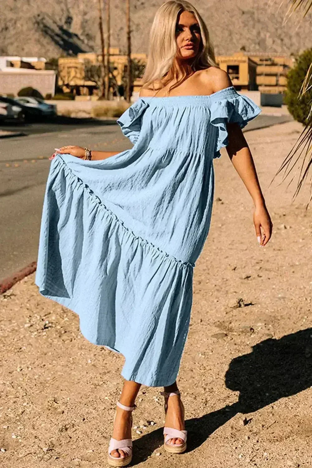 Purple Ruffled Flutter Sleeve Square Neck Textured Tiered Maxi Dress - Femstylo