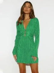 Tied Plunge Flare Sleeve Mini Dress - Femstylo