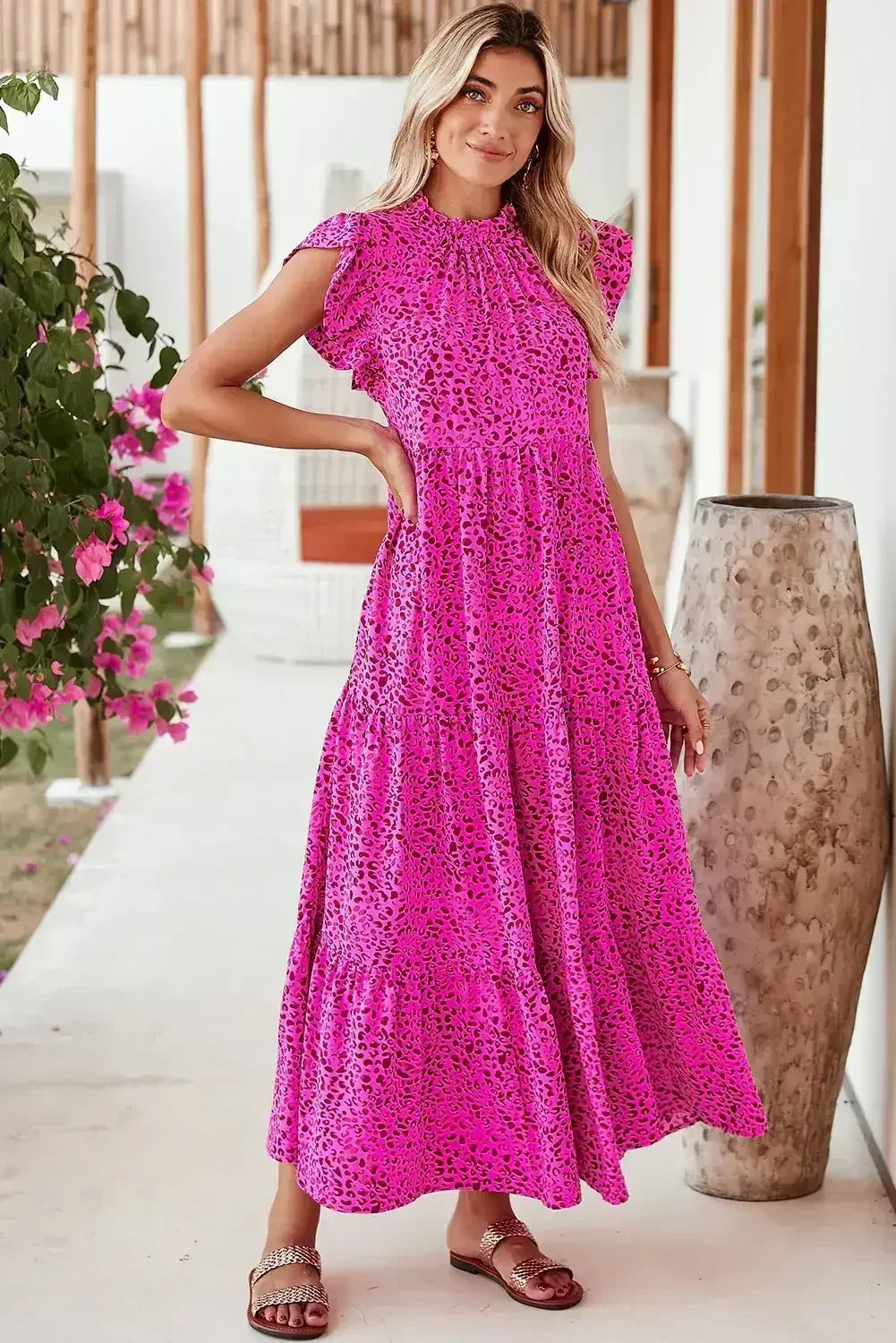 Rose Red Leopard Print Ruffle Sleeveless Maxi Dress - Femstylo