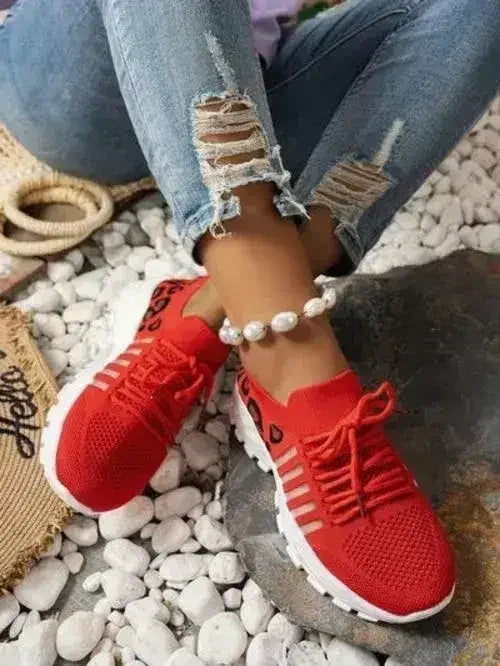 Cutout Leopard Lace Up Mesh Athletic - Femstylo