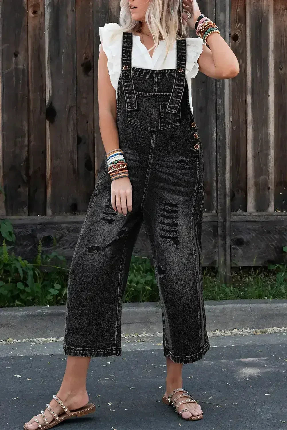 Stone Blue Distressed Bib Pocket Wide Leg Denim Overall - Femstylo