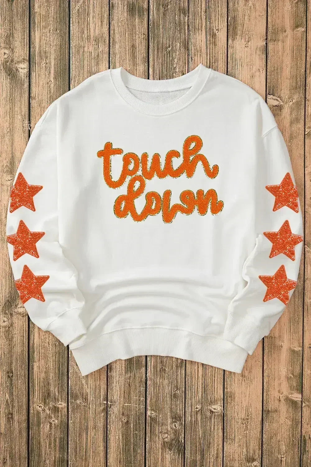 Beige Glittering Touch Down Patched Pattern Star Sleeve Sweatshirt - Femstylo