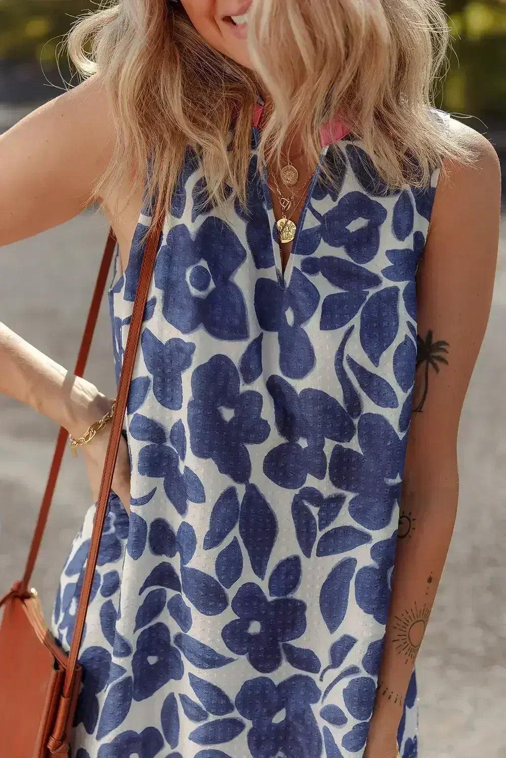 Blue Floral Sleeveless Notched V Neck Mini Dress - Femstylo