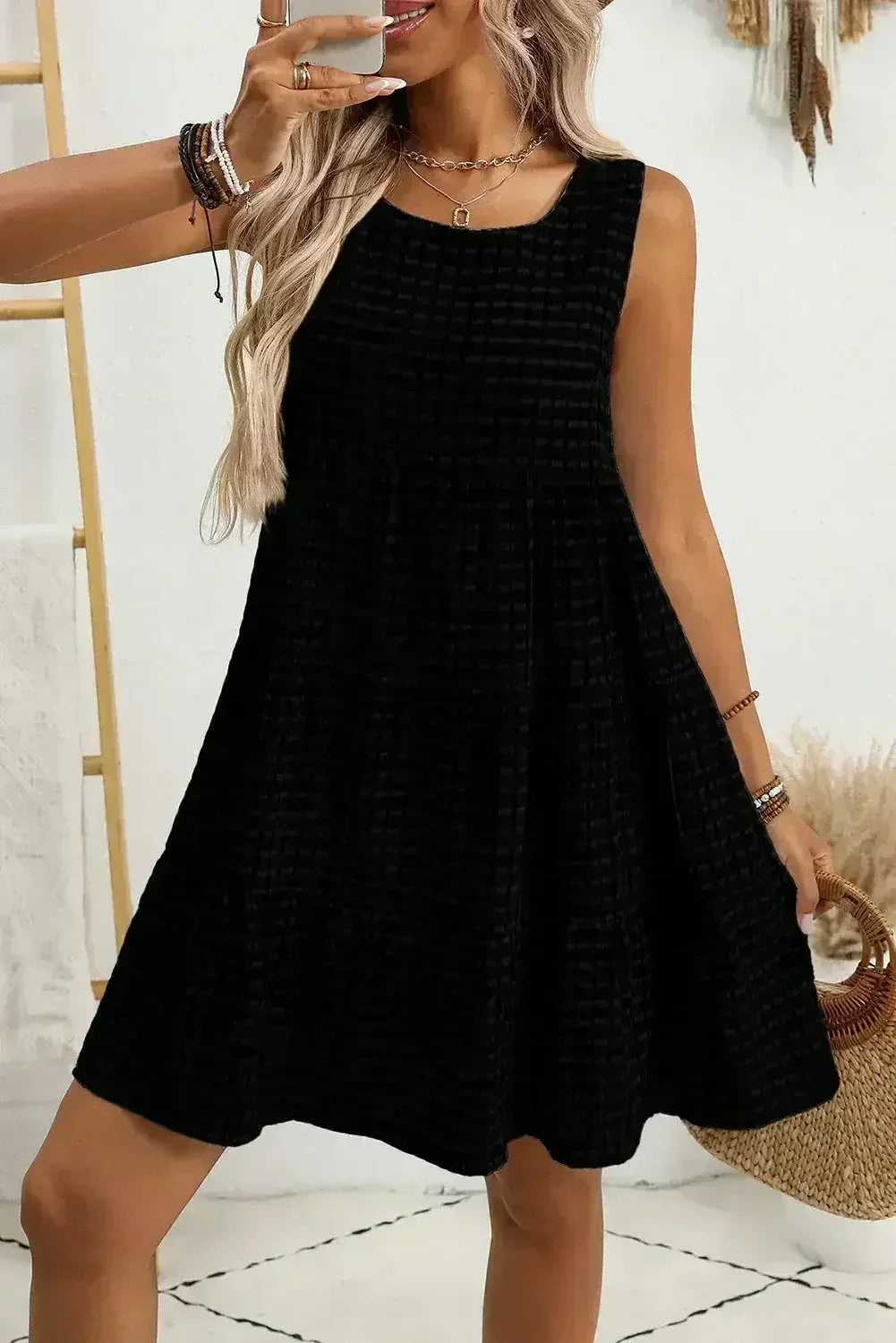 Light Blue Gingham High Waist Sleeveless Mini Dress - Femstylo
