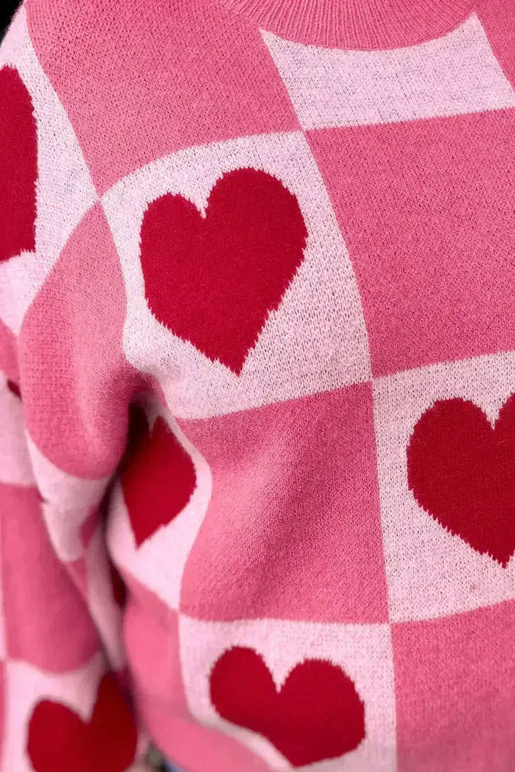 Pink Love Heart Checkered Valentine Knit Sweater - Femstylo