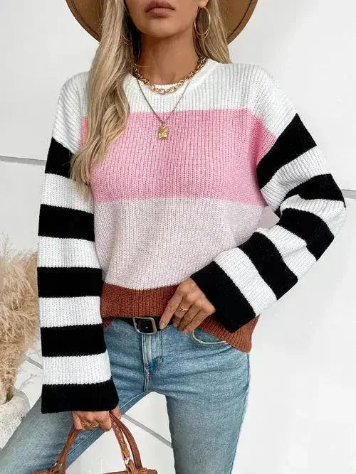 Color Block Round Neck Long Sleeve Sweater - Femstylo