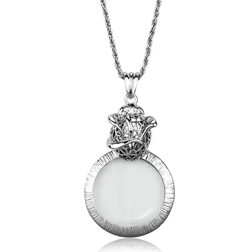3W913 - Rhodium Brass Magnifier pendant with Synthetic Synthetic Glass - Femstylo