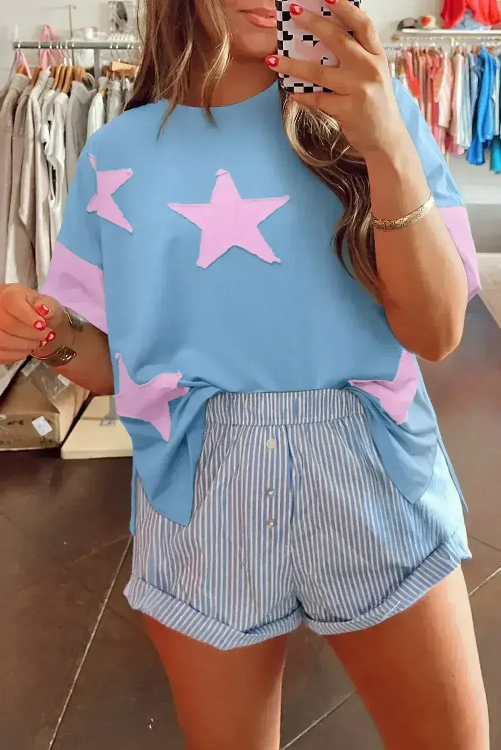 Aruba Blue Frayed Star Patched 4th of July Oversize T Shirt - Femstylo