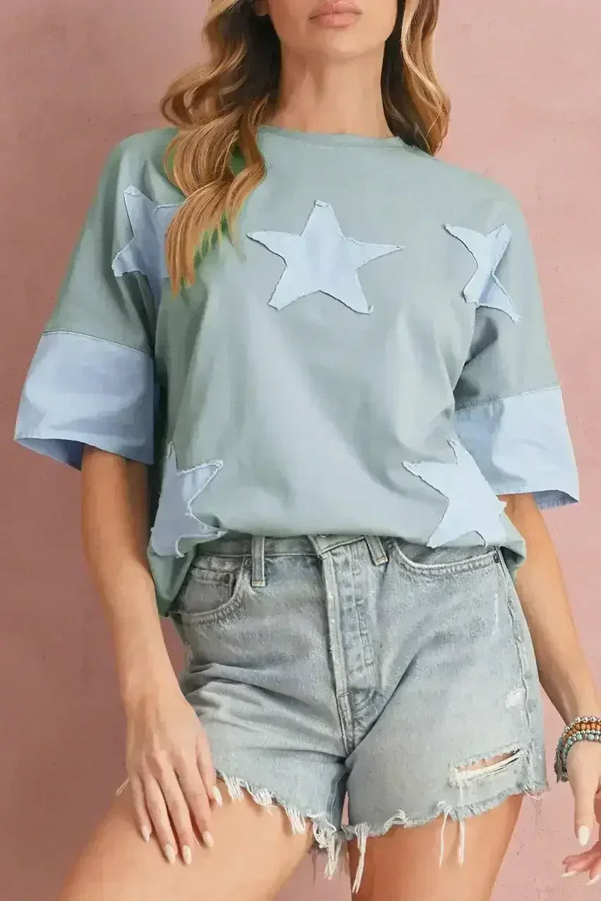 Aruba Blue Frayed Star Patched 4th of July Oversize T Shirt - Femstylo