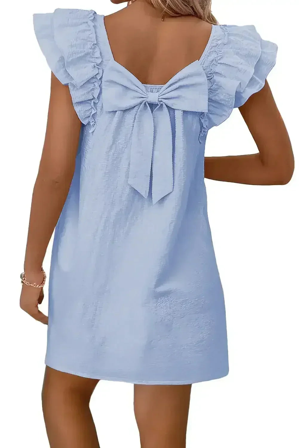 Light Pink Textured Flutter Sleeve Square Neck Bow Back Mini Dress - Femstylo