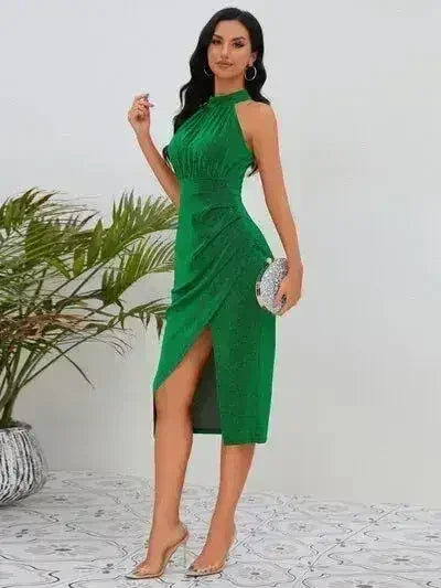 Slit Ruched Mock Neck Sleeveless Dress - Femstylo