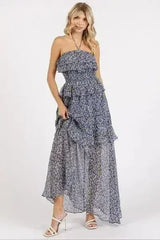 Mittoshop Ruffled Smocked Floral Halter Neck Maxi Dress - Femstylo
