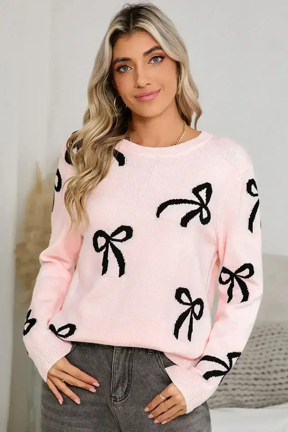 Light Pink Bow Print Long Sleeve Loose Fit Sweater - Femstylo