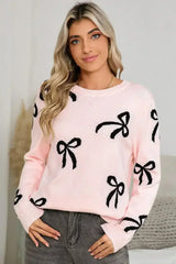 Light Pink Bow Print Long Sleeve Loose Fit Sweater - Femstylo
