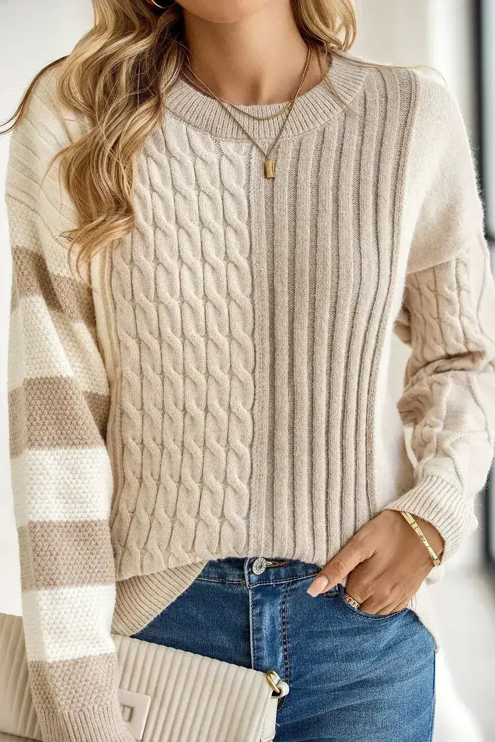 Khaki Cable Knit Colorblock Crew Neck Drop Shoulder Sweater - Femstylo