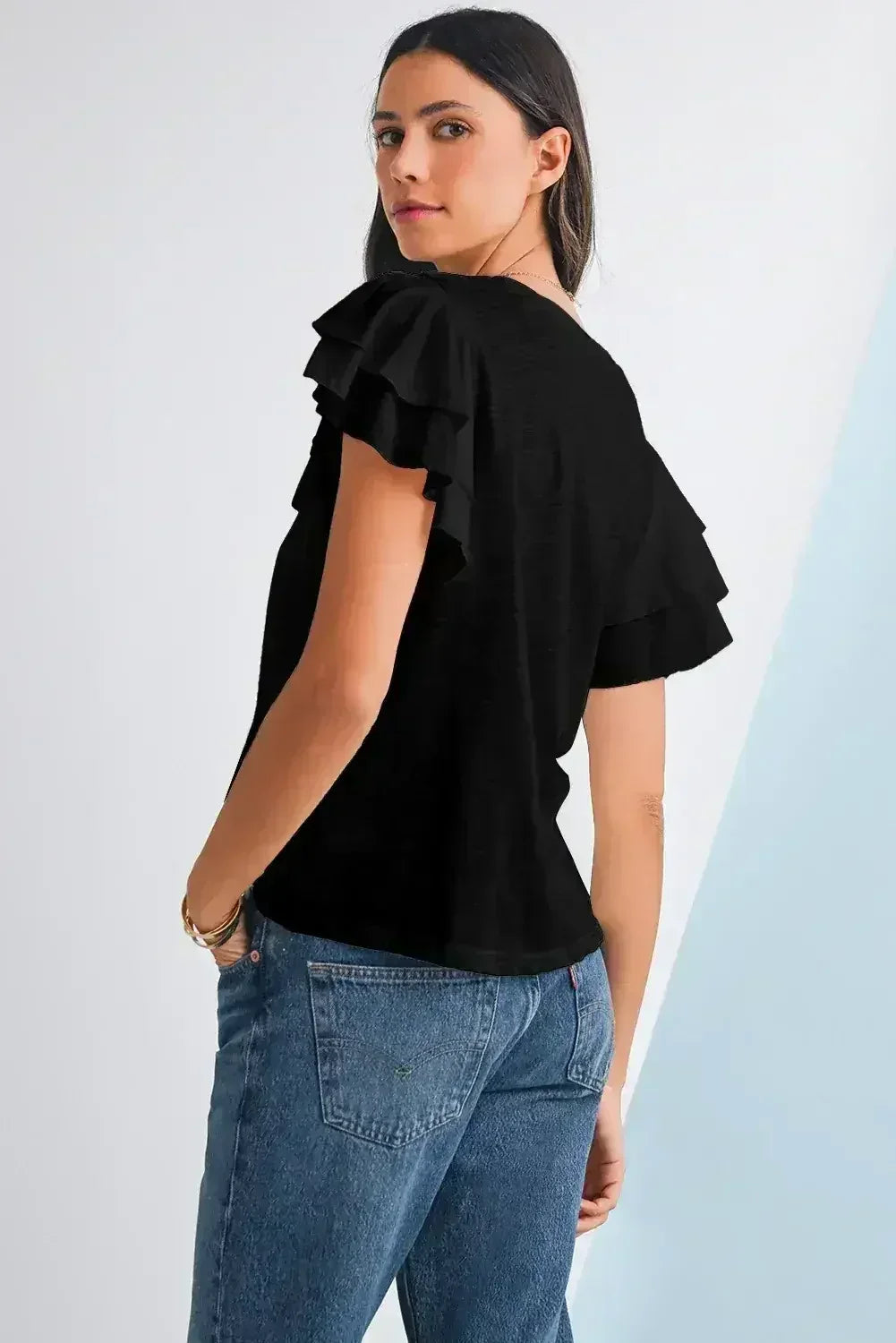 Dark Grey Ruffle Sleeve Plain Blouse | Femstylo - Femstylo