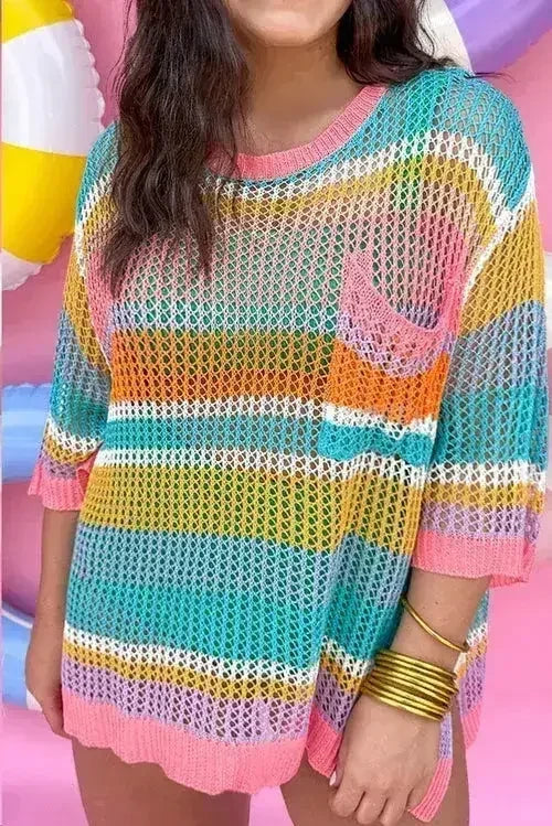 Pink Stripe Plus Size Open Knit Patch Pocket Short Sleeve Sweater - Femstylo