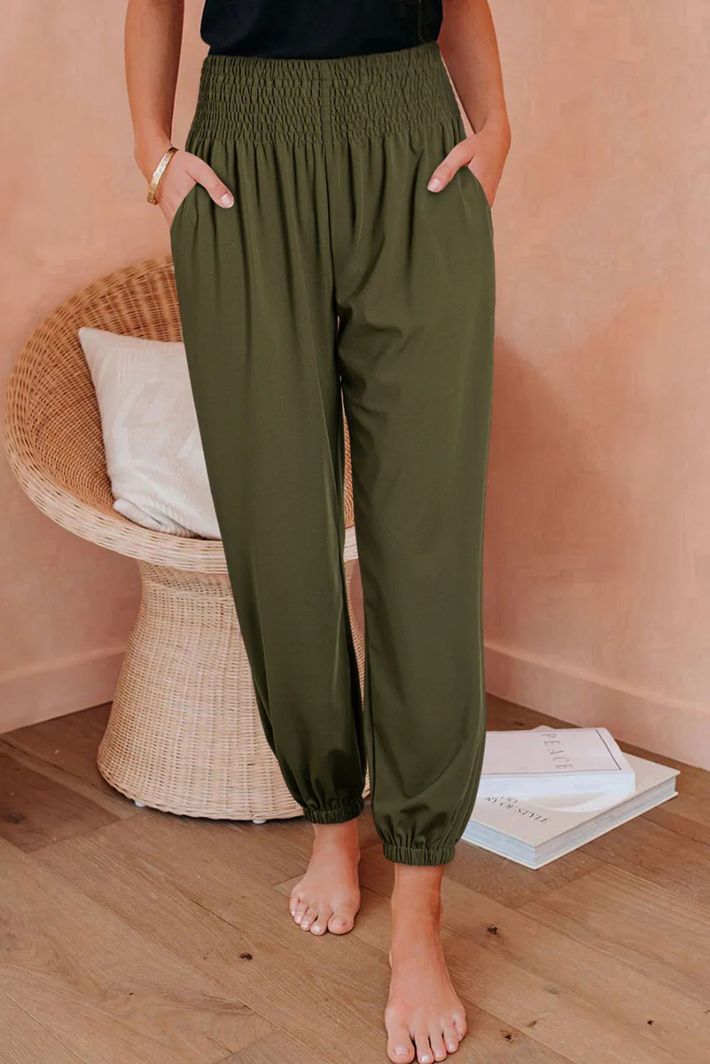 Navy Blue Shirred Smocked High Waist Joggers