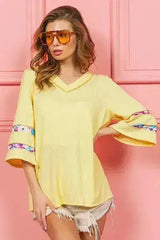 BiBi Cord Rib with Stitched Floral Contrast Top - Femstylo