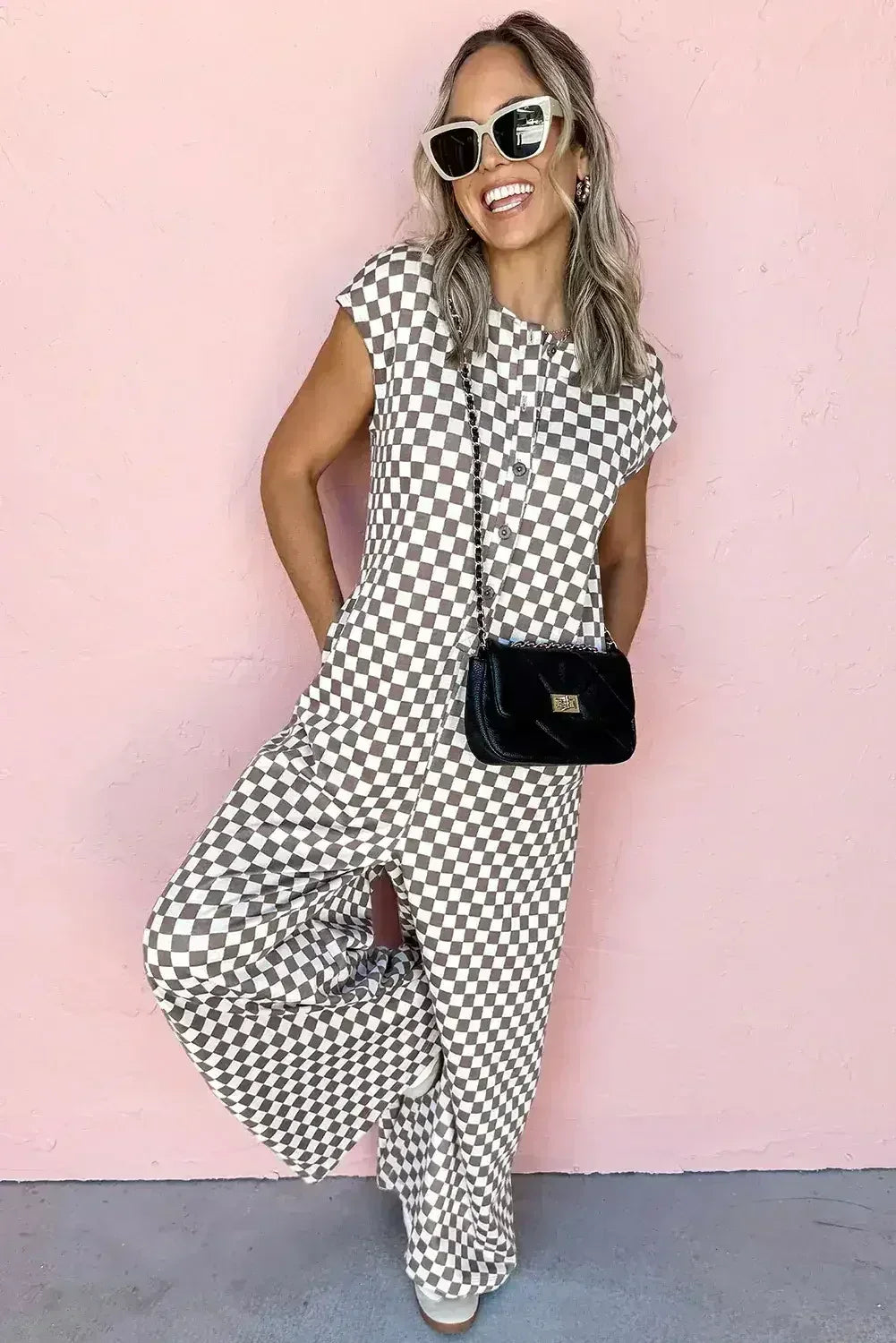 Khaki Checkered Print Buttoned Crew Neck Wide Leg Jumpsuit - Femstylo