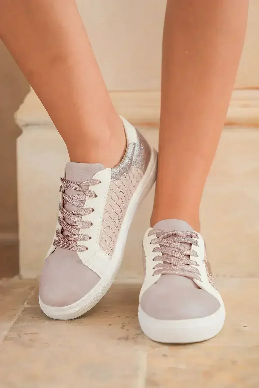 Gold Glitter Star Patchwork PU Leather Lace-up Sneakers - Femstylo