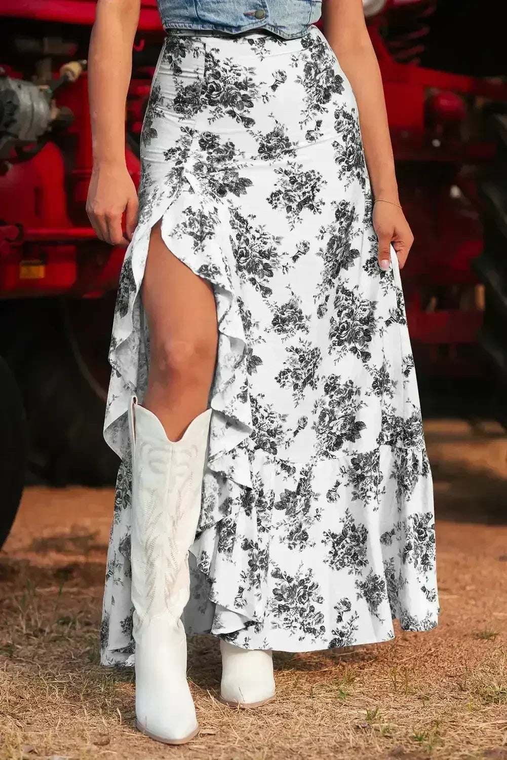 Sky Blue Boho Floral High Waist Ruffle Split Maxi Skirt - Femstylo