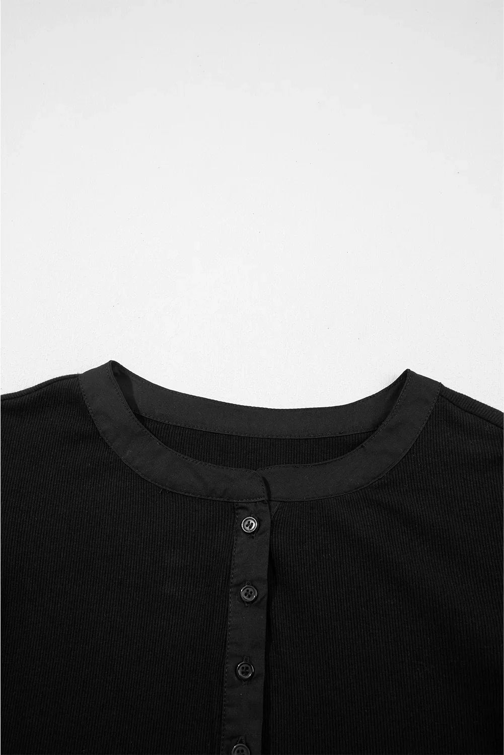 Black Ribbed Patchwork Puff Sleeve Henley Slim Fit Top
