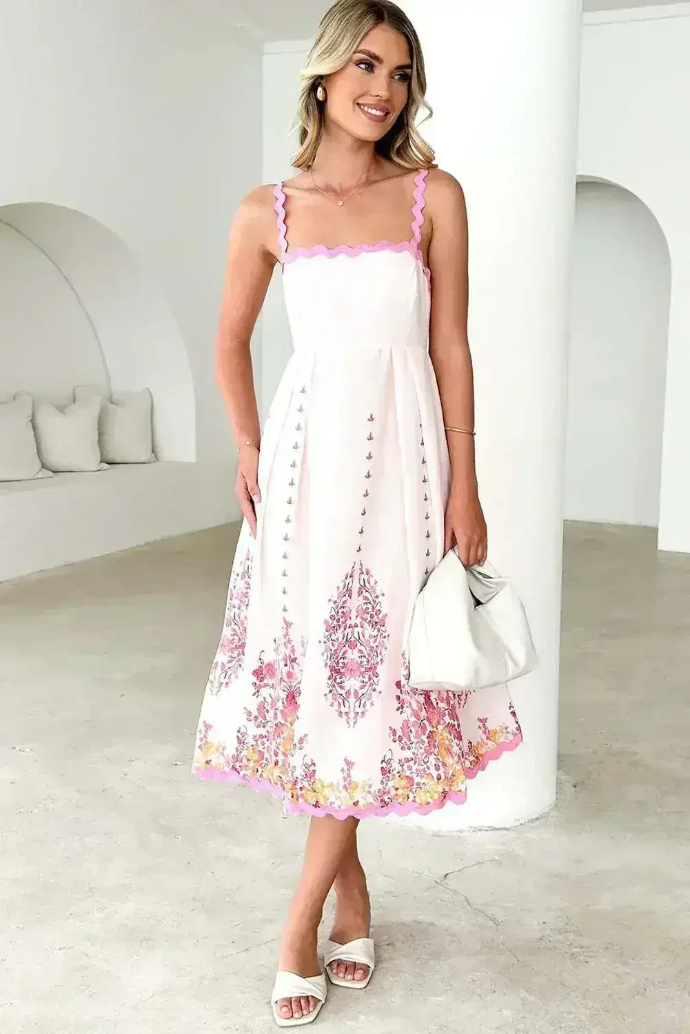 Pink Floral Ric Rac Spaghetti Strap Backless Dress - Femstylo