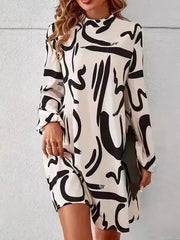 Printed Mock Neck Long Sleeve Mini Dress