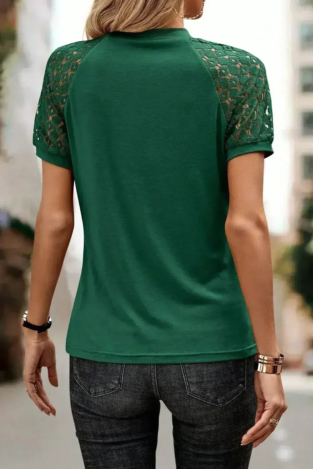 Pale Khaki Seamed Detail Contrast Lace Raglan Sleeve Tee - Femstylo