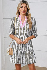 Black Floral Abstract Print Tiered Pop of Color Neckline Dress - Femstylo