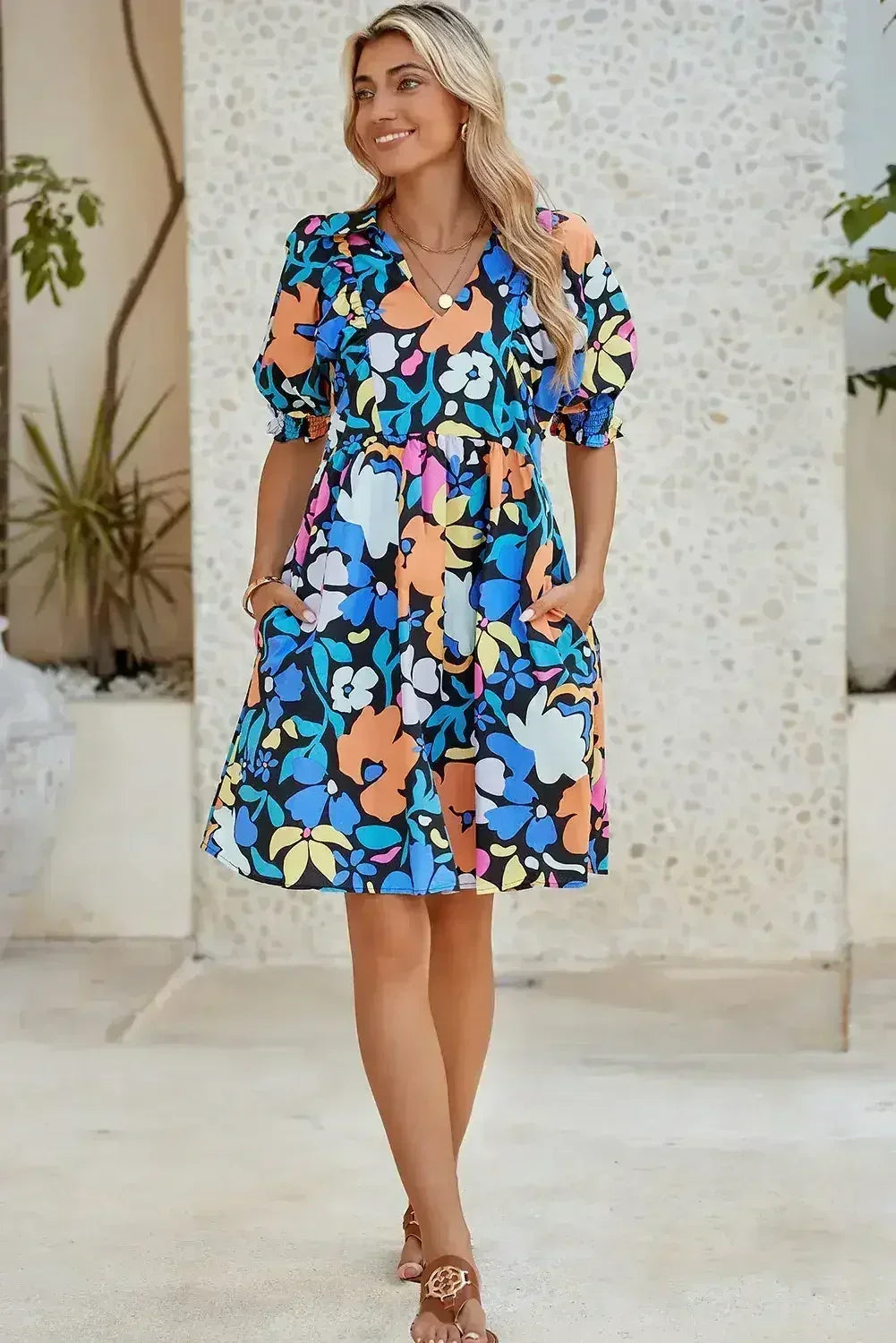 Blue Floral Print Collared Split V Neck Flared Mini Dress - Femstylo
