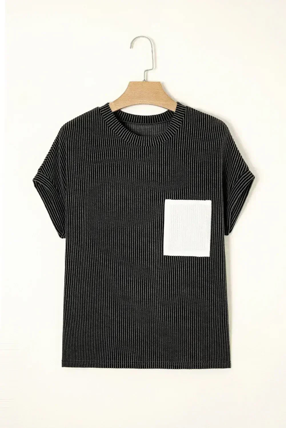 Pink Corded Colorblock Pocket Crew Neck T Shirt - Femstylo