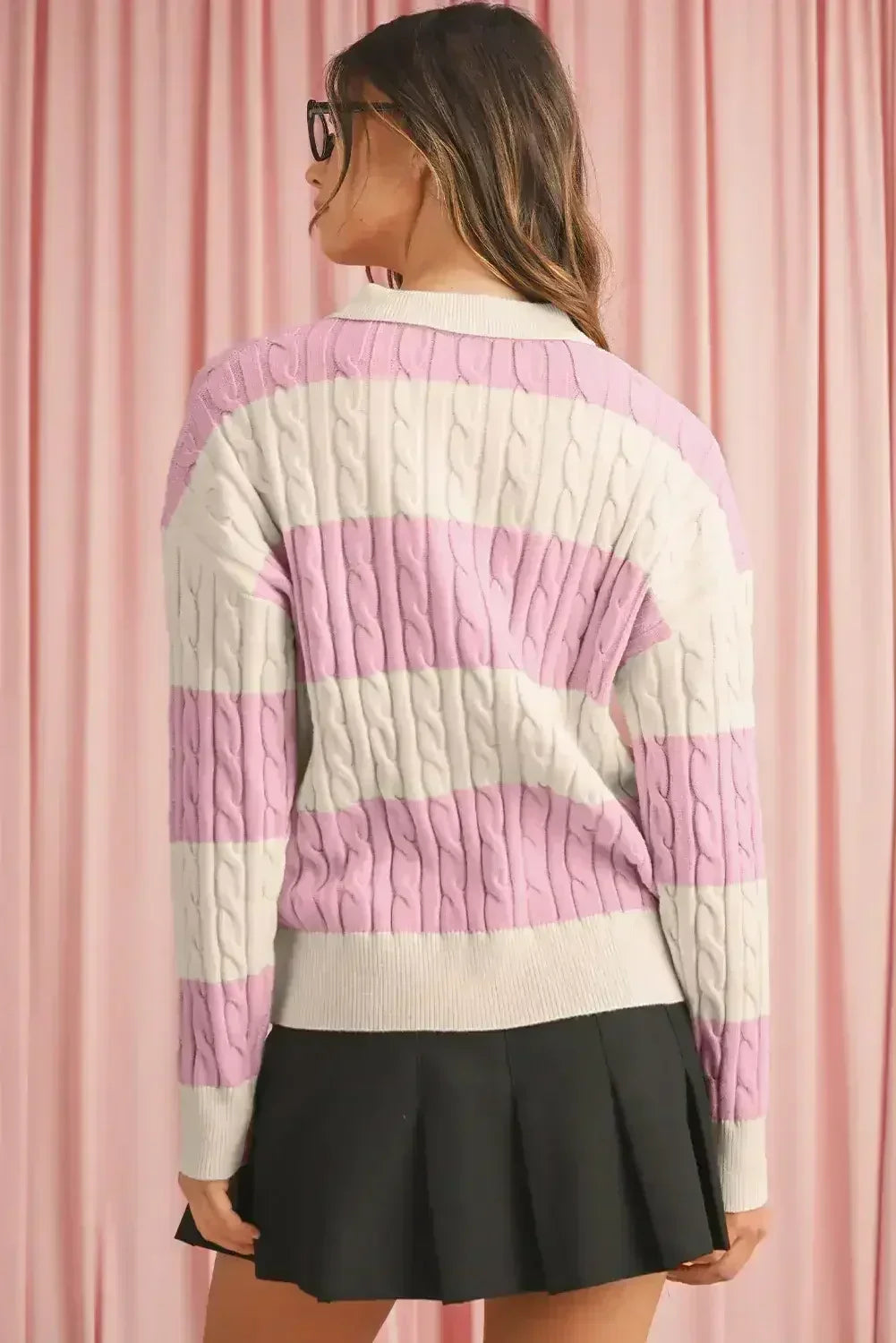 Pink Colorblock Button Collar Twisted Cable Knit Sweater - Femstylo