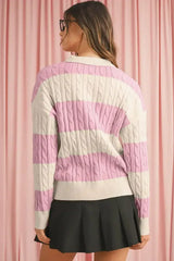 Pink Colorblock Button Collar Twisted Cable Knit Sweater - Femstylo