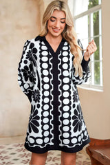 Black Abstract Print V Neck Puff Sleeve Mini Dress