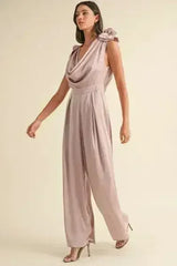 MABLE 3D Floral Applique Deep Cowl Neck Jumpsuit - Femstylo