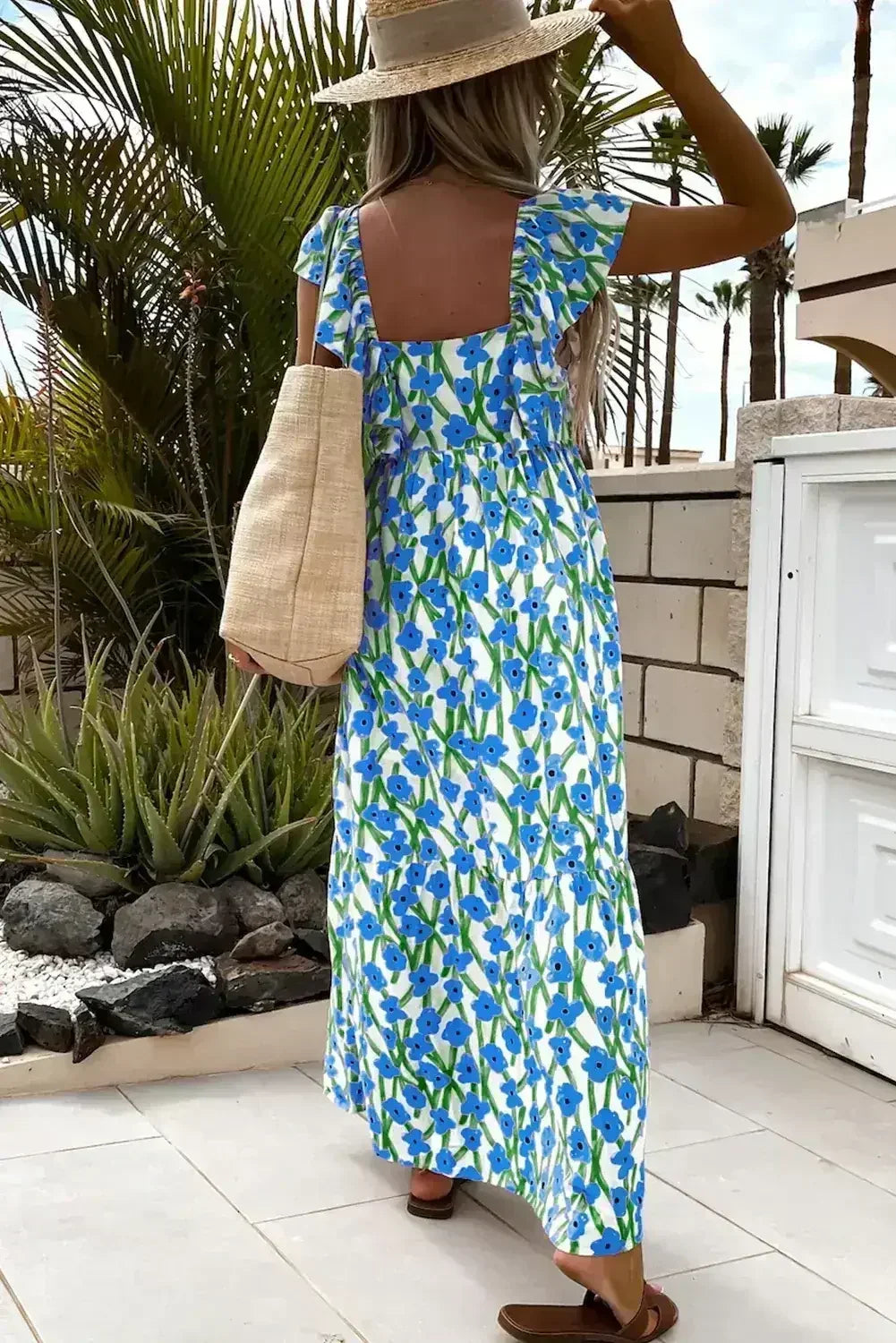 Pink Floral Print Square Neck Ruffled Strap Maxi Dress - Femstylo