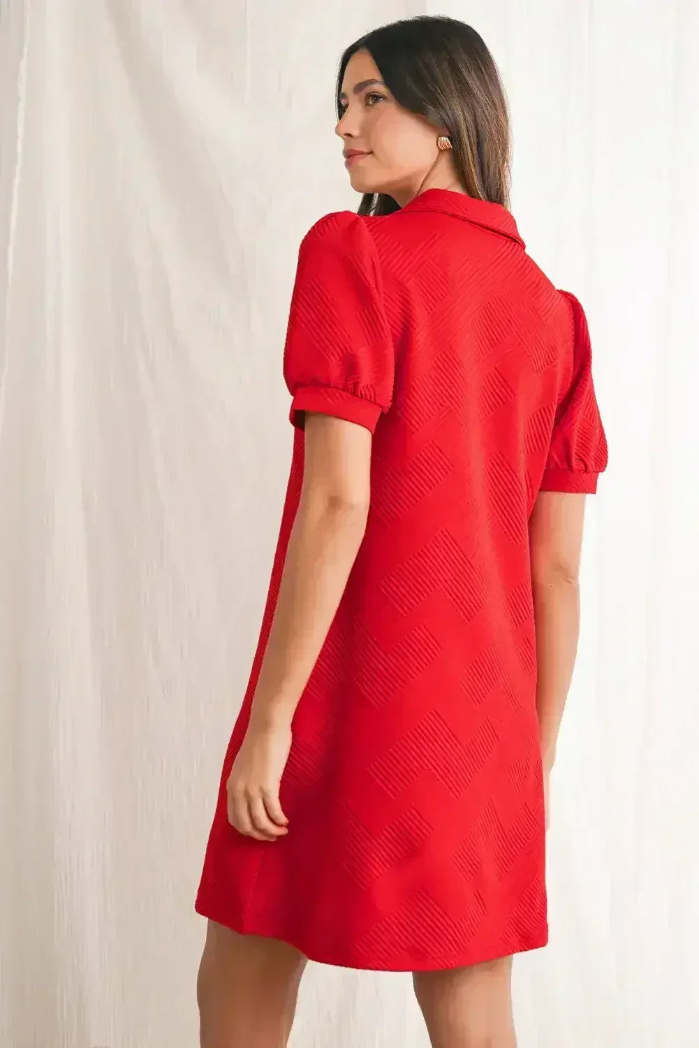 Fiery Red V Neck Puff Sleeve Textured Mini Dress - Femstylo