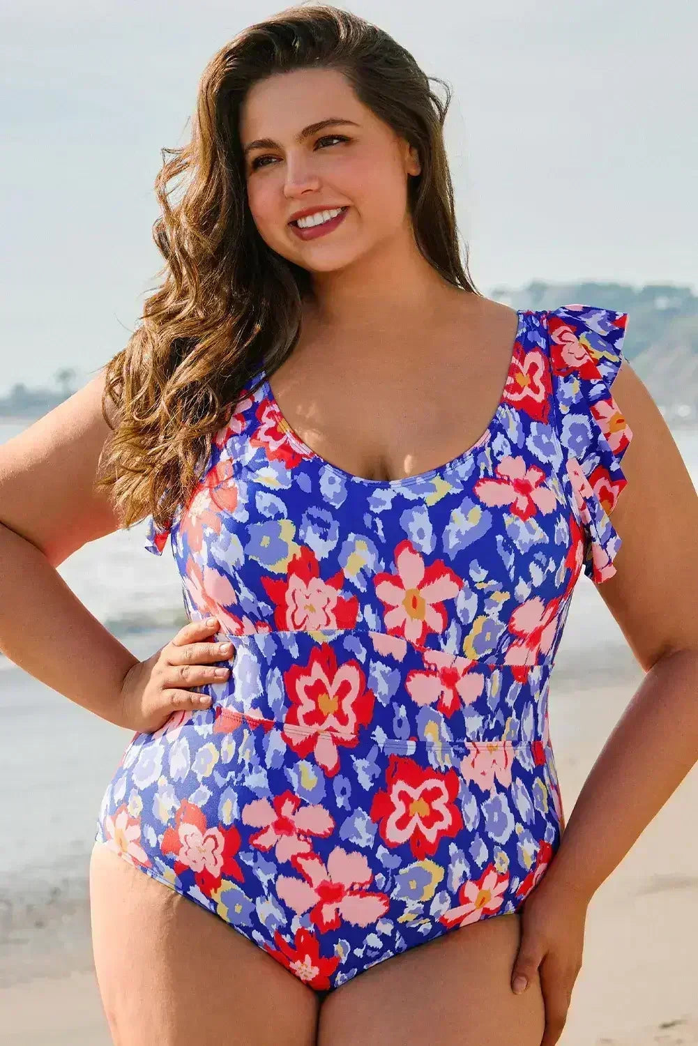 Blue Floral Print Ruffled V Neck High Waist One Piece Swimwear - Femstylo