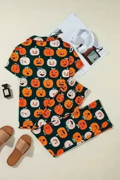 Pumpkin Printed Short Sleeve Top and Pants Lounge Set - Femstylo
