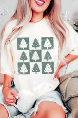 White Christmas Tree Checkered Distressed Heat Transfer Printing Graphic Tee