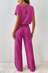 Rose Red Solid Color Ribbed Short Sleeve Wide Leg Jumpsuit - Femstylo