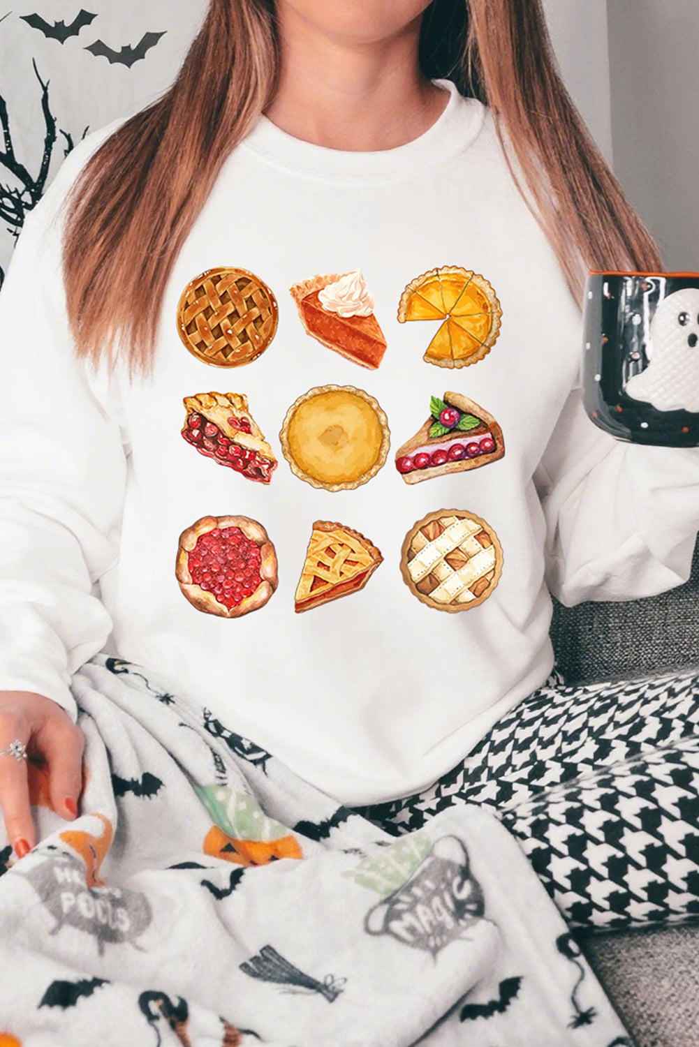 White Yummy Pie Graphic Heat Transfer Printing Thanksgiving Sweatshirt