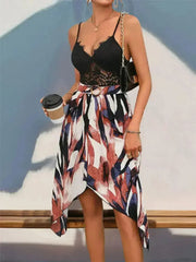 Lace Patchwork Printed V-Neck Dress - Femstylo