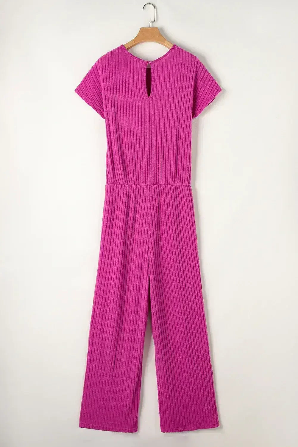 Rose Red Solid Color Ribbed Short Sleeve Wide Leg Jumpsuit - Femstylo