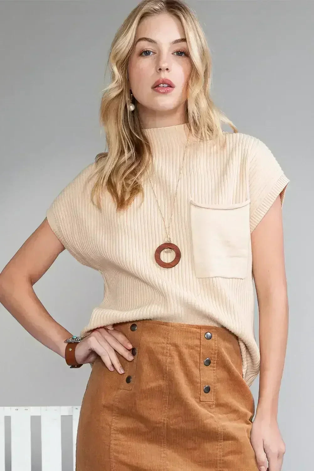 Mineral Red Patch Pocket Ribbed Knit Short Sleeve Sweater - Femstylo