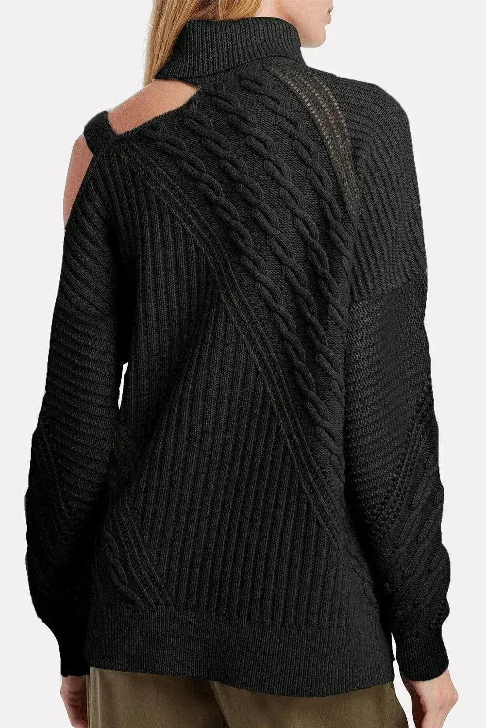 Winter Black Strapped Cut out Shoulder Turtleneck Sweater - Femstylo